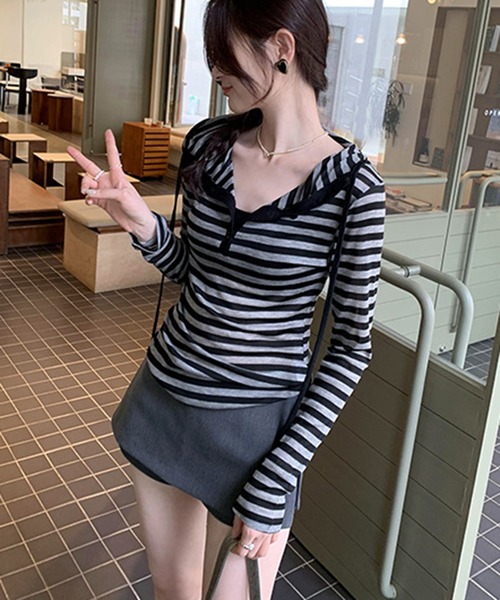 shyam inspiration(シャムインスピレーション)の「人気につき再登場!/タイトボーダーフード付きロンT/ヘンリーネック(Tシャツ/カットソー・レディース・ブラック×ホワイト/ブラック×グレー・LARGE/MEDIUM)」の12枚目の写真