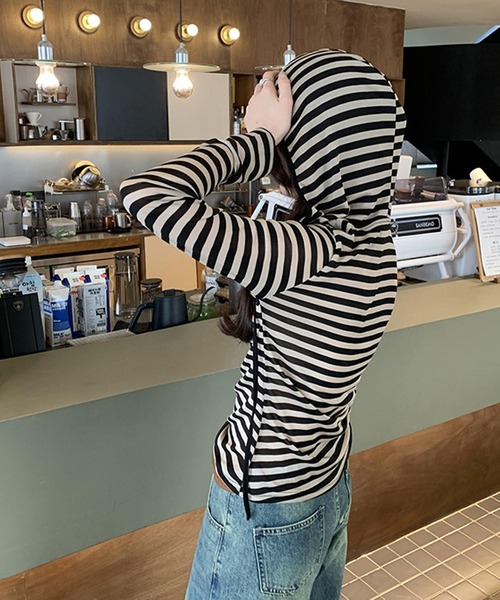 shyam inspiration(シャムインスピレーション)の「人気につき再登場!/タイトボーダーフード付きロンT/ヘンリーネック(Tシャツ/カットソー・レディース・ブラック×ホワイト/ブラック×グレー・LARGE/MEDIUM)」の17枚目の写真