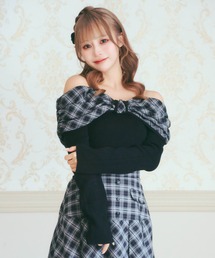 オフショルチェックニットトップス
