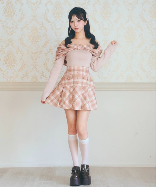 LAFARY(ラファリー)の「オフショルチェックニットトップス(Tシャツ/カットソー・レディース・ピンク/ブラック/ベージュ・FREE)」の6枚目の写真