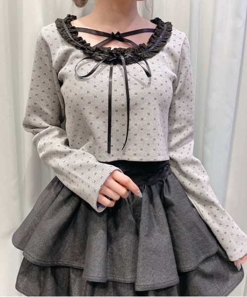 lilLilly(リルリリー)の「ワッフルレーストップス(Tシャツ/カットソー・レディース・ホワイト/ピンク/グレー・FREE)」の13枚目の写真