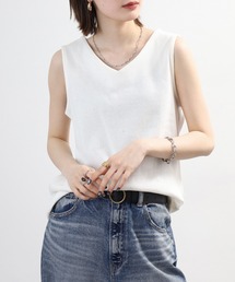 Vネック ワッフル タンクトップ チュニック丈