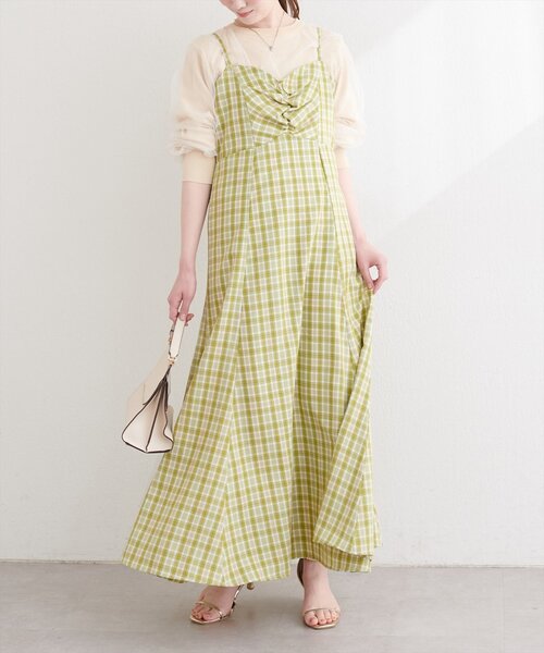 natural couture（ナチュラルクチュール）の「フロントギャザーチェック柄ワンピース（ワンピース・レディース・グリーン/ネイビー/パープル・FREE）」の2枚目の写真