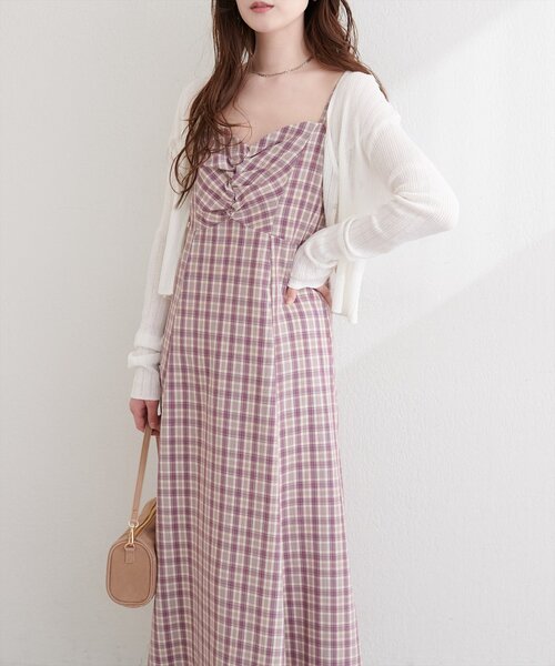 natural couture（ナチュラルクチュール）の「フロントギャザーチェック柄ワンピース（ワンピース・レディース・グリーン/ネイビー/パープル・FREE）」の4枚目の写真