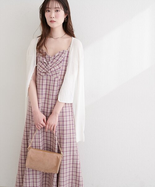 natural couture（ナチュラルクチュール）の「フロントギャザーチェック柄ワンピース（ワンピース・レディース・グリーン/ネイビー/パープル・FREE）」の5枚目の写真