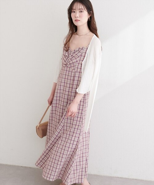 natural couture（ナチュラルクチュール）の「フロントギャザーチェック柄ワンピース（ワンピース・レディース・グリーン/ネイビー/パープル・FREE）」の6枚目の写真