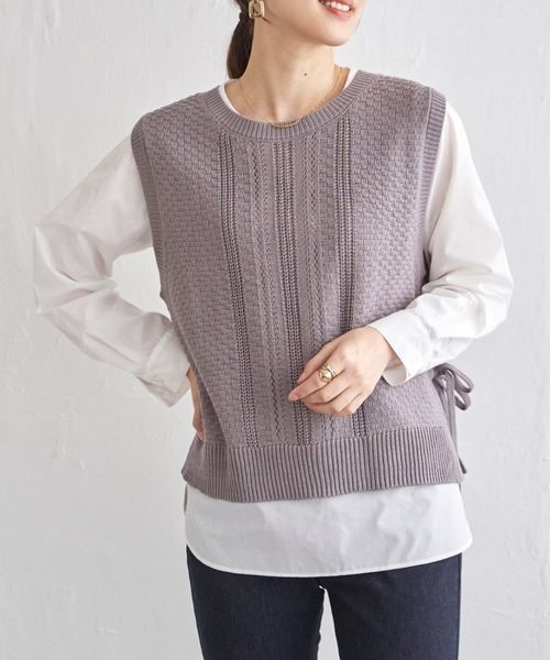 ikka（イッカ）の「【雑誌InRed4月号掲載】ニットベストブラウスセット【2点セット】（Tシャツ/カットソー・レディース・ミント/ネイビー/グレイッシュベージュ/ブラウン系その他・M/L/S）」の2枚目の写真