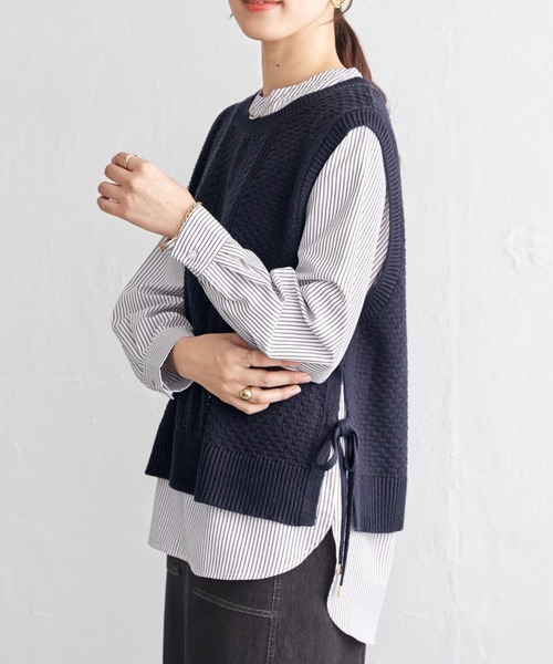 ikka（イッカ）の「【雑誌InRed4月号掲載】ニットベストブラウスセット【2点セット】（Tシャツ/カットソー・レディース・ミント/ネイビー/グレイッシュベージュ/ブラウン系その他・M/L/S）」の4枚目の写真