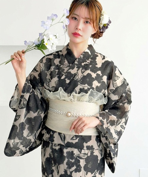 GeeRA(ジーラ)の「1人で簡単着付け!2WAYオーガンジー花柄セパレート浴衣4点セット(浴衣・レディース・ブラック系その他・MEDIUM)」の1枚目の写真