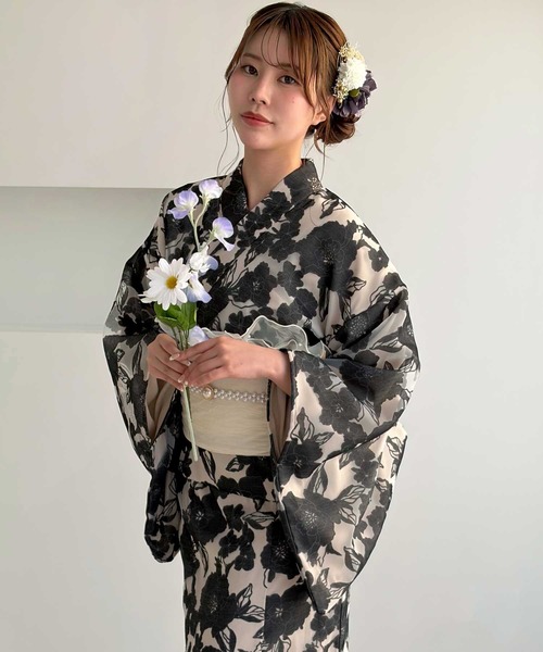 GeeRA(ジーラ)の「1人で簡単着付け!2WAYオーガンジー花柄セパレート浴衣4点セット(浴衣・レディース・ブラック系その他・MEDIUM)」の3枚目の写真