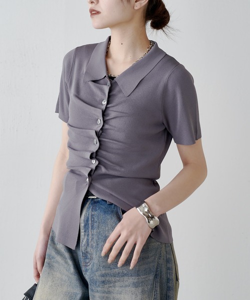 Lui's（ルイス）の「前ギャザーデザイン半袖ニットプルオーバー（Tシャツ/カットソー・レディース・ブラック/ミント/グレー・FREE）」の3枚目の写真