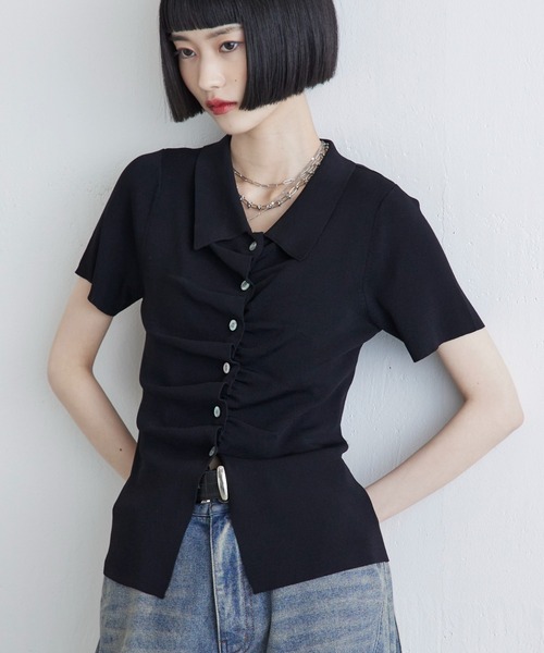 Lui's（ルイス）の「前ギャザーデザイン半袖ニットプルオーバー（Tシャツ/カットソー・レディース・ブラック/ミント/グレー・FREE）」の2枚目の写真