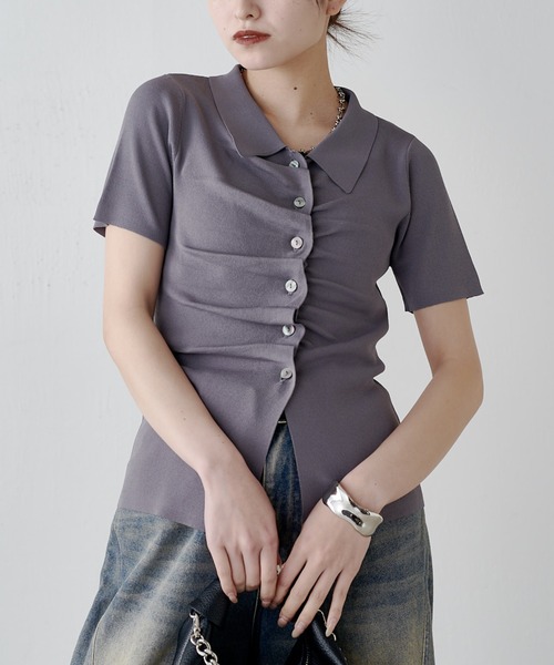 Lui's（ルイス）の「前ギャザーデザイン半袖ニットプルオーバー（Tシャツ/カットソー・レディース・ブラック/ミント/グレー・FREE）」の4枚目の写真