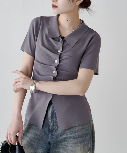 Lui's（ルイス）の「前ギャザーデザイン半袖ニットプルオーバー（Tシャツ/カットソー・レディース・ブラック/ミント/グレー・FREE）」の7枚目の写真