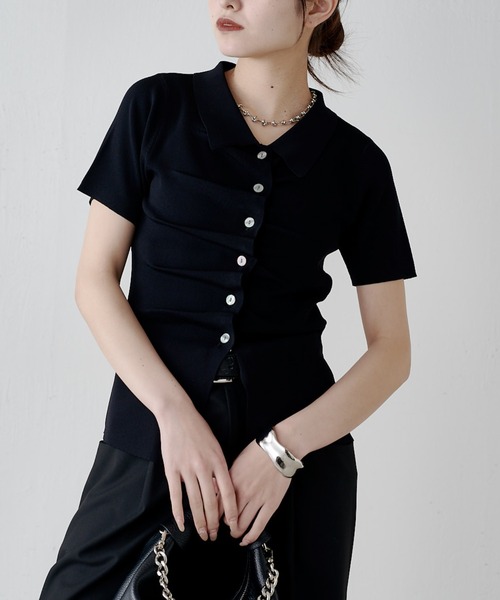 Lui's（ルイス）の「前ギャザーデザイン半袖ニットプルオーバー（Tシャツ/カットソー・レディース・ブラック/ミント/グレー・FREE）」の11枚目の写真
