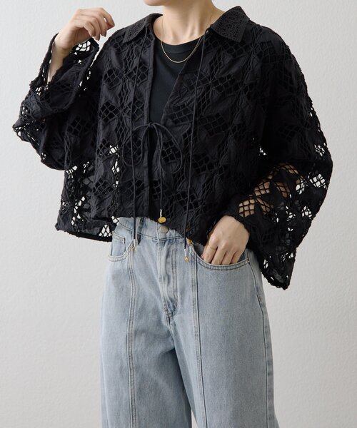 ear PAPILLONNER（イアパピヨネ）の「インドレースシャツカーデ【SUM1 STYLE】（シャツ/ブラウス・レディース・ホワイト/ブラック・FREE）」の2枚目の写真