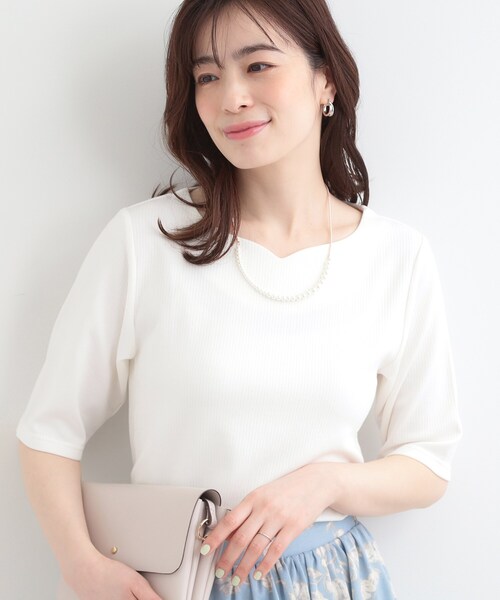 SHOO・LA・RUE(シューラルー)の「【ネックアソート】裏ひんやりテレコ5分袖トップス(Tシャツ/カットソー・レディース・ブラック系/ブラック系1/ホワイト系1/ホワイト系2・01/02/03/04)」の1枚目の写真