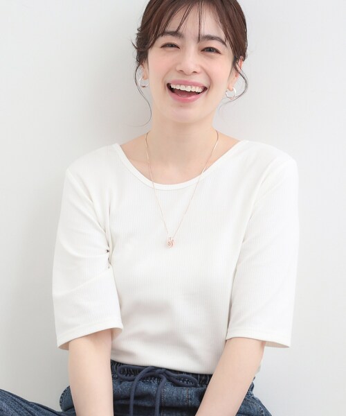 SHOO・LA・RUE(シューラルー)の「【ネックアソート】裏ひんやりテレコ5分袖トップス(Tシャツ/カットソー・レディース・ブラック系/ブラック系1/ホワイト系1/ホワイト系2・01/02/03/04)」の2枚目の写真