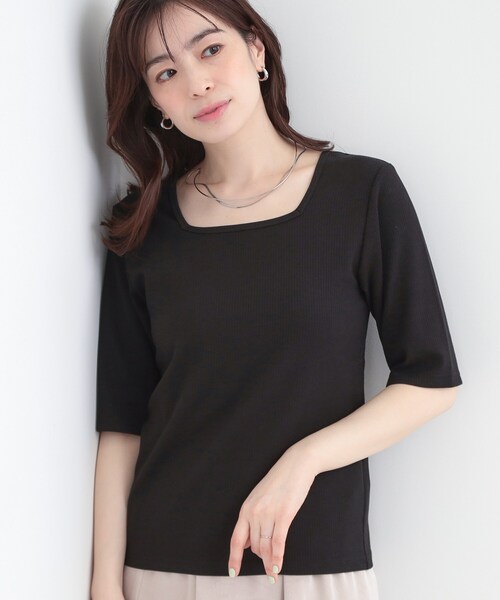 SHOO・LA・RUE(シューラルー)の「【ネックアソート】裏ひんやりテレコ5分袖トップス(Tシャツ/カットソー・レディース・ブラック系/ブラック系1/ホワイト系1/ホワイト系2・01/02/03/04)」の4枚目の写真