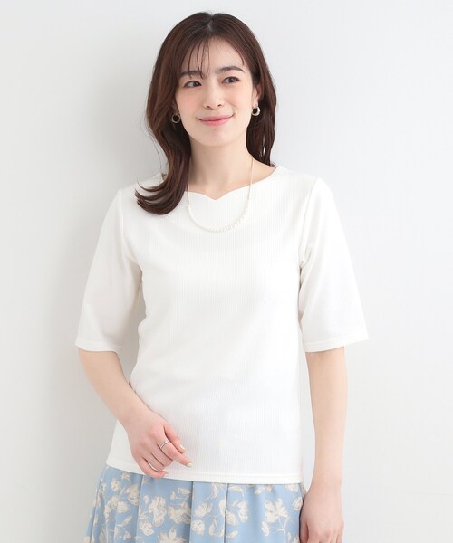 SHOO・LA・RUE(シューラルー)の「【ネックアソート】裏ひんやりテレコ5分袖トップス(Tシャツ/カットソー・レディース・ブラック系/ブラック系1/ホワイト系1/ホワイト系2・01/02/03/04)」の5枚目の写真