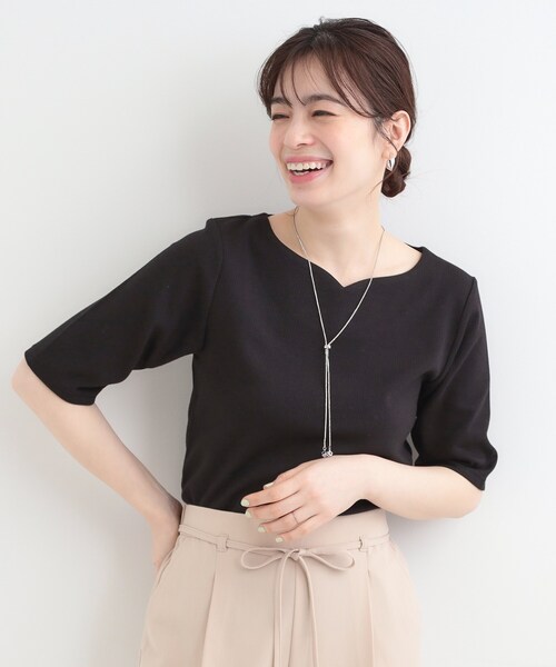 SHOO・LA・RUE(シューラルー)の「【ネックアソート】裏ひんやりテレコ5分袖トップス(Tシャツ/カットソー・レディース・ブラック系/ブラック系1/ホワイト系1/ホワイト系2・01/02/03/04)」の9枚目の写真