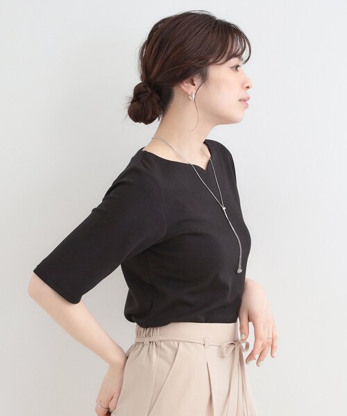 SHOO・LA・RUE(シューラルー)の「【ネックアソート】裏ひんやりテレコ5分袖トップス(Tシャツ/カットソー・レディース・ブラック系/ブラック系1/ホワイト系1/ホワイト系2・01/02/03/04)」の10枚目の写真
