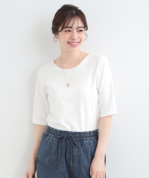 SHOO・LA・RUE(シューラルー)の「【ネックアソート】裏ひんやりテレコ5分袖トップス(Tシャツ/カットソー・レディース・ブラック系/ブラック系1/ホワイト系1/ホワイト系2・01/02/03/04)」の13枚目の写真