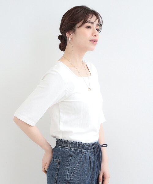 SHOO・LA・RUE(シューラルー)の「【ネックアソート】裏ひんやりテレコ5分袖トップス(Tシャツ/カットソー・レディース・ブラック系/ブラック系1/ホワイト系1/ホワイト系2・01/02/03/04)」の16枚目の写真