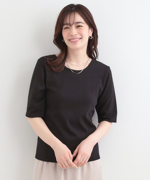 SHOO・LA・RUE(シューラルー)の「【ネックアソート】裏ひんやりテレコ5分袖トップス(Tシャツ/カットソー・レディース・ブラック系/ブラック系1/ホワイト系1/ホワイト系2・01/02/03/04)」の20枚目の写真