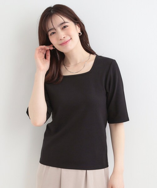 SHOO・LA・RUE(シューラルー)の「【ネックアソート】裏ひんやりテレコ5分袖トップス(Tシャツ/カットソー・レディース・ブラック系/ブラック系1/ホワイト系1/ホワイト系2・01/02/03/04)」の22枚目の写真