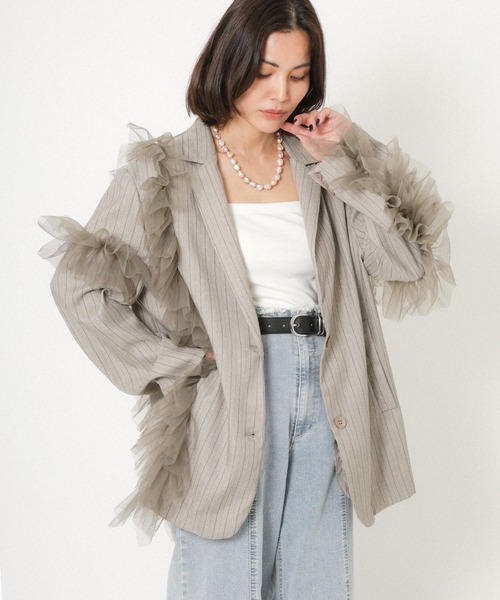 Floran（フローラン）の「ストライプ チュールシャツジャケット（テーラードジャケット・レディース・ブラウン/グレイッシュベージュ/ブラック・FREE）」の3枚目の写真