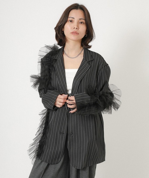 Floran（フローラン）の「ストライプ チュールシャツジャケット（テーラードジャケット・レディース・ブラウン/グレイッシュベージュ/ブラック・FREE）」の5枚目の写真