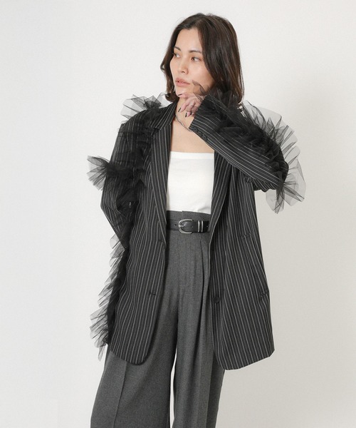 Floran（フローラン）の「ストライプ チュールシャツジャケット（テーラードジャケット・レディース・ブラウン/グレイッシュベージュ/ブラック・FREE）」の20枚目の写真