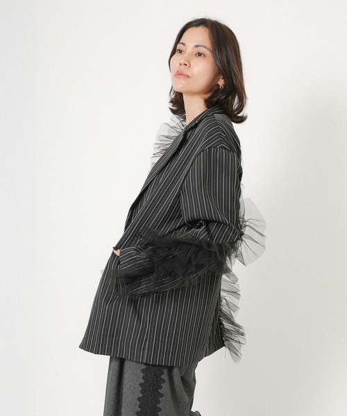 Floran（フローラン）の「ストライプ チュールシャツジャケット（テーラードジャケット・レディース・ブラウン/グレイッシュベージュ/ブラック・FREE）」の6枚目の写真