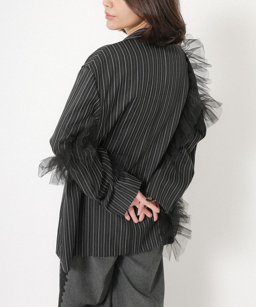 Floran（フローラン）の「ストライプ チュールシャツジャケット（テーラードジャケット・レディース・ブラウン/グレイッシュベージュ/ブラック・FREE）」の8枚目の写真