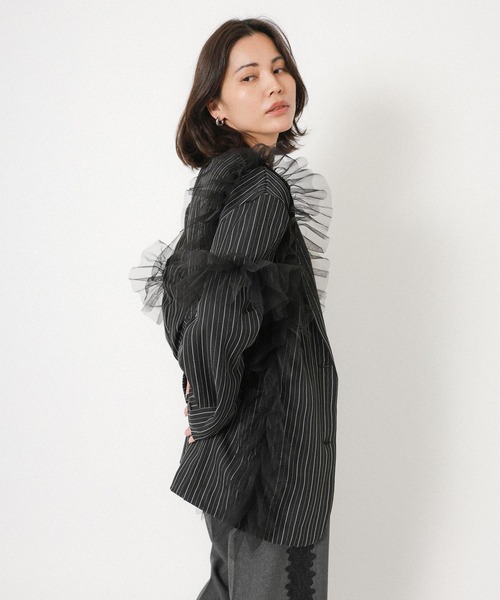 Floran（フローラン）の「ストライプ チュールシャツジャケット（テーラードジャケット・レディース・ブラウン/グレイッシュベージュ/ブラック・FREE）」の7枚目の写真