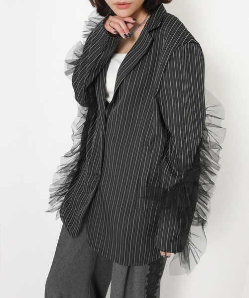 Floran（フローラン）の「ストライプ チュールシャツジャケット（テーラードジャケット・レディース・ブラウン/グレイッシュベージュ/ブラック・FREE）」の22枚目の写真