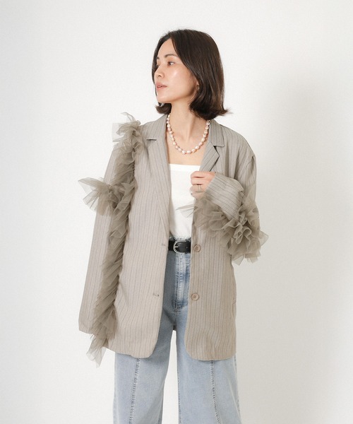 Floran（フローラン）の「ストライプ チュールシャツジャケット（テーラードジャケット・レディース・ブラウン/グレイッシュベージュ/ブラック・FREE）」の15枚目の写真