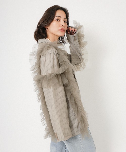 Floran（フローラン）の「ストライプ チュールシャツジャケット（テーラードジャケット・レディース・ブラウン/グレイッシュベージュ/ブラック・FREE）」の17枚目の写真