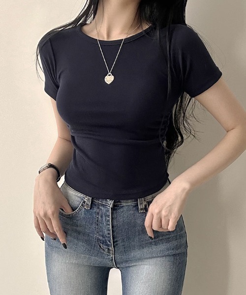 Emilie（エミリー）の「サイドシャーリング入り半袖Tシャツ（Tシャツ/カットソー・レディース・ネイビー/ワインレッド/ピンク/ホワイト/カーキ/ブラック・FREE）」の21枚目の写真