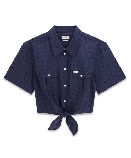 GUESS JEANS(ゲスジーンズ)の「GUESS JEANS Front Tie Top シャツ ブラウス ショート丈(シャツ/ブラウス・レディース・ネイビー/ホワイト・X-SMALL/SMALL/MEDIUM)」の6枚目の写真