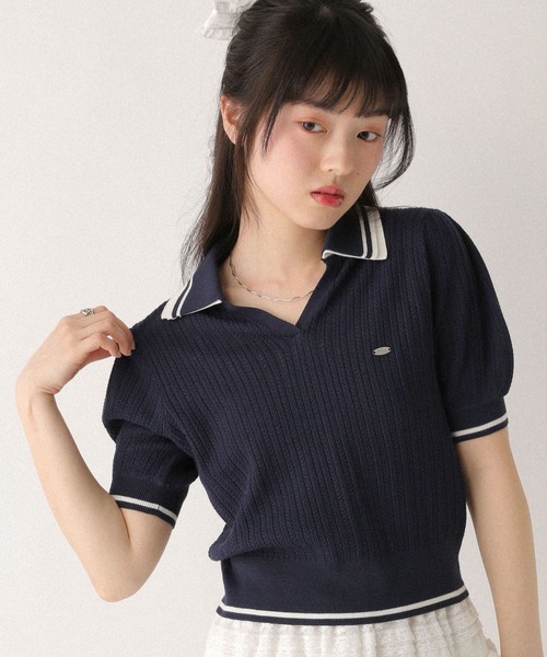 Heather(ヘザー)の「Wカラーポロニット(半袖) 670465(ニット/セーター・レディース・ネイビー/アイボリー/グレー・FREE)」の1枚目の写真
