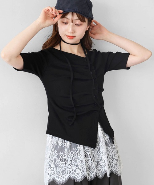 tiptop(ティップトップ)の「チョーカー付き前ギャザーテレコT(Tシャツ/カットソー・レディース・ブラック/オフホワイト/ライトグレー/ブラウン/レッド・FREE)」の3枚目の写真