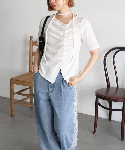 tiptop(ティップトップ)の「チョーカー付き前ギャザーテレコT(Tシャツ/カットソー・レディース・ブラック/オフホワイト/ライトグレー/ブラウン/レッド・FREE)」の7枚目の写真