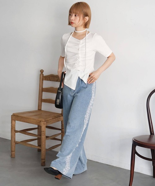 tiptop(ティップトップ)の「チョーカー付き前ギャザーテレコT(Tシャツ/カットソー・レディース・ブラック/オフホワイト/ライトグレー/ブラウン/レッド・FREE)」の8枚目の写真
