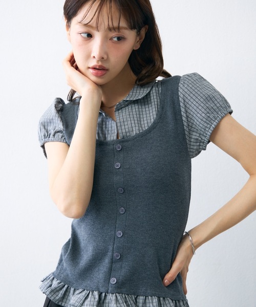 krahe(クレーエ)の「チェックシャツビスチェレイヤードトップス(シャツ/ブラウス・レディース・グレー/ホワイト/ブラック・FREE)」の3枚目の写真