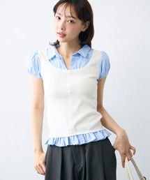 チェックシャツビスチェレイヤードトップス