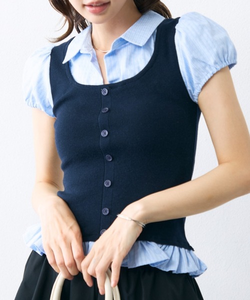 krahe(クレーエ)の「チェックシャツビスチェレイヤードトップス(シャツ/ブラウス・レディース・グレー/ホワイト/ブラック・FREE)」の2枚目の写真