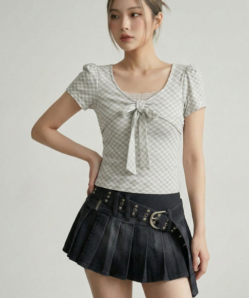 VIVID LADY(ビビッドレディー)の「チェックリボン レースネック 半袖トップス(Tシャツ/カットソー・レディース・アイボリー/ベージュ/グレー・FREE)」の5枚目の写真