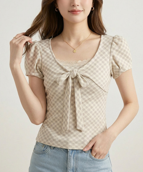 VIVID LADY(ビビッドレディー)の「チェックリボン レースネック 半袖トップス(Tシャツ/カットソー・レディース・アイボリー/ベージュ/グレー・FREE)」の11枚目の写真